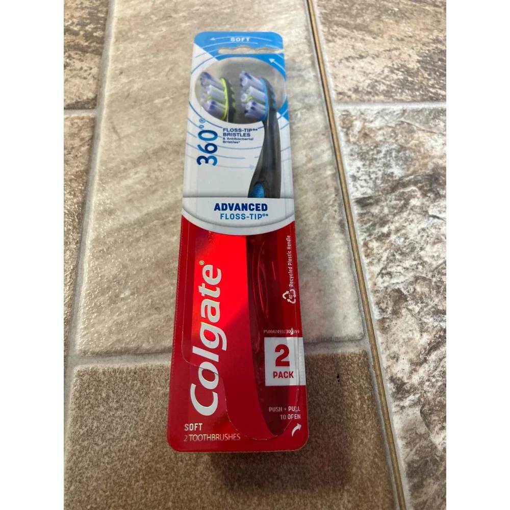Colgate 360 Advanced Floss-Tip Soft Toothbrushes 2 Pack Black Blue Yellow